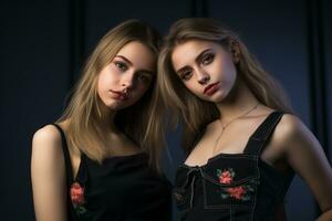 two young women in black dresses posing for the camera generative ai photo