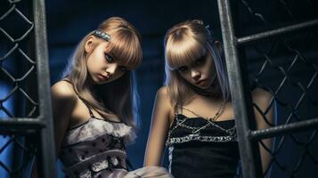two young women in dresses standing in front of a fence generative ai photo