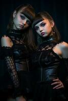 two young women in black outfits posing for the camera generative ai photo