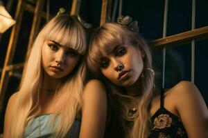 two young women posing for the camera in a dark room generative ai photo