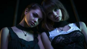 two young women in gothic clothing posing for the camera photo