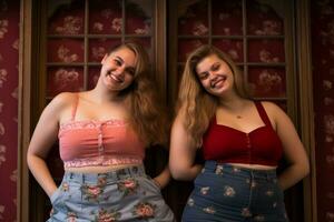 two young women standing next to each other in front of a red door generative ai photo