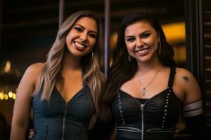 two young women posing for a photo in front of a bar generative ai