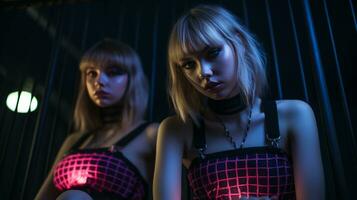 two young women with neon lights on their chests generative ai photo