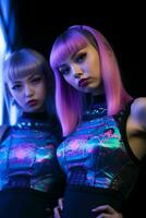 two young women with pink hair posing in front of a window generative ai photo