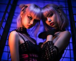 two young women with pink hair posing in front of a cage generative ai photo