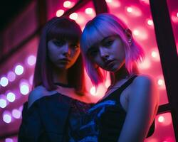 two young women with pink hair standing in front of neon lights generative ai photo
