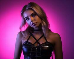 a beautiful blonde woman in a leather corset posing in front of a purple light generative ai photo