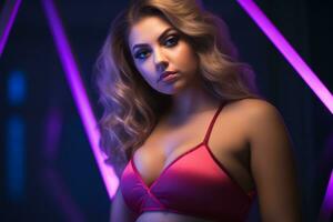 a beautiful woman in a pink bra top standing in front of neon lights generative ai photo