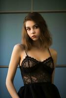a beautiful young woman in a black dress photo
