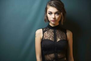 a beautiful young woman in a black lace top photo