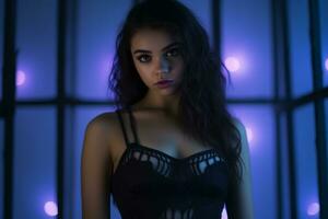 a beautiful young woman in a black lingerie top standing in front of blue lights generative ai photo
