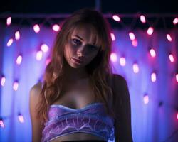 a beautiful young woman in a bra and panties standing in front of a purple lighted curtain generative ai photo