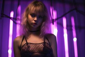 a beautiful young woman in a fishnet top standing in front of purple neon lights generative ai photo