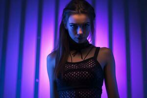 a beautiful young woman in a fishnet top standing in front of a purple light generative ai photo