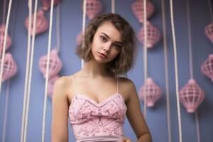 a beautiful young woman in a pink dress photo