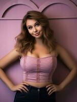 a beautiful young woman in a pink top posing for the camera photo