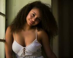 a beautiful young woman with curly hair posing for a photo