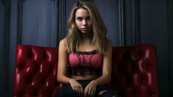 a beautiful young woman sitting on a red couch generative ai photo