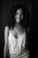 a black and white photo of a young woman with curly hair generative ai