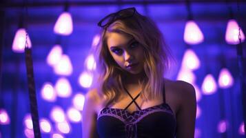 a woman in a black bra top standing in front of purple lights generative ai photo