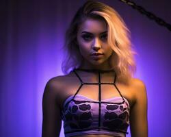 a woman in a bra top standing in front of a purple light generative ai photo