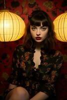 a woman in a floral dress sitting on a chair photo