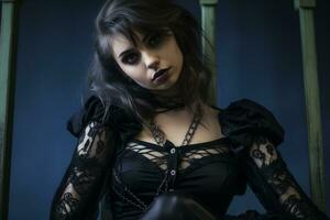 a woman in a gothic outfit sitting on a chair generative ai photo
