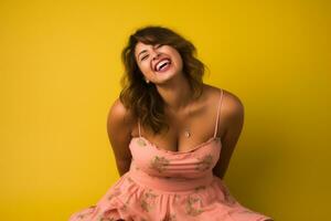 a woman in a pink dress sitting on a yellow background generative ai photo