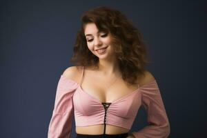 a woman in a pink top and black skirt posing for the camera generative ai photo