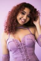 a woman in a purple corset posing for the camera photo
