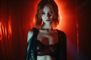 a woman in lingerie posing in front of a red light generative ai photo