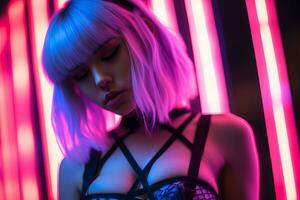 a woman in lingerie with neon lights behind her generative ai photo