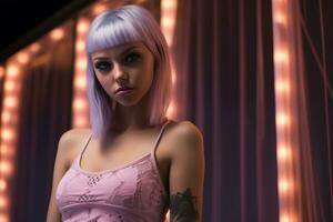 a woman with pink hair and tattoos standing in front of a curtain generative ai photo