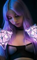 a woman with purple hair is holding two light up lights generative ai photo
