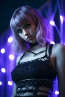 a woman with purple hair and a black top standing in front of purple lights generative ai photo