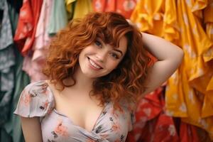 a woman with red hair posing in front of colorful clothes generative ai photo