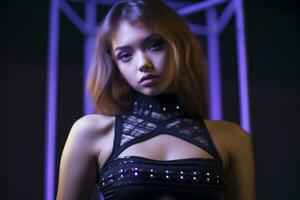 a young woman in a black top with purple lighting generative ai photo