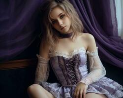 a young woman in a purple corset sitting on a chair generative ai photo