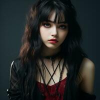 a young woman with long black hair and red eyes generative ai photo