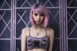 un joven mujer con rosado pelo posando en frente de un púrpura pared generativo ai foto