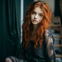 beautiful red haired girl with long hair sitting on a chair generative ai photo