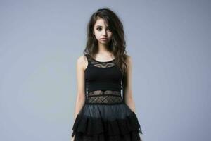 beautiful young woman in black dress posing on gray background generative ai photo