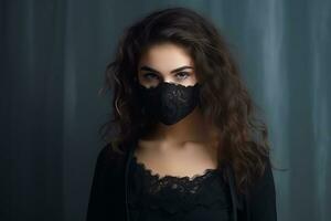 beautiful young woman in black dress with black lace mask on dark background generative ai photo