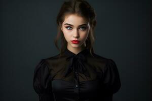 beautiful young woman in black dress with red lipstick on dark background generative ai photo