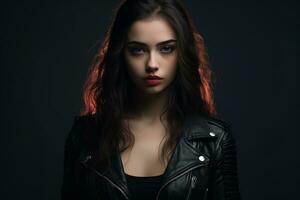 beautiful young woman in black leather jacket on dark background generative ai photo