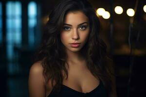 beautiful young woman with dark hair posing in front of lights generative ai photo