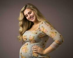 embarazada mujer posando para un retrato en un floral vestir generativo ai foto