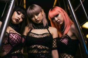 three women in black and pink outfits standing in front of a metal cage generative ai photo