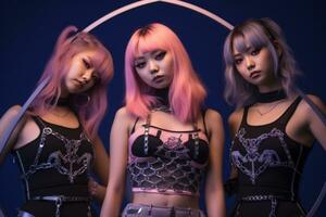 Tres asiático mujer con rosado pelo en pie en frente de un circulo generativo ai foto